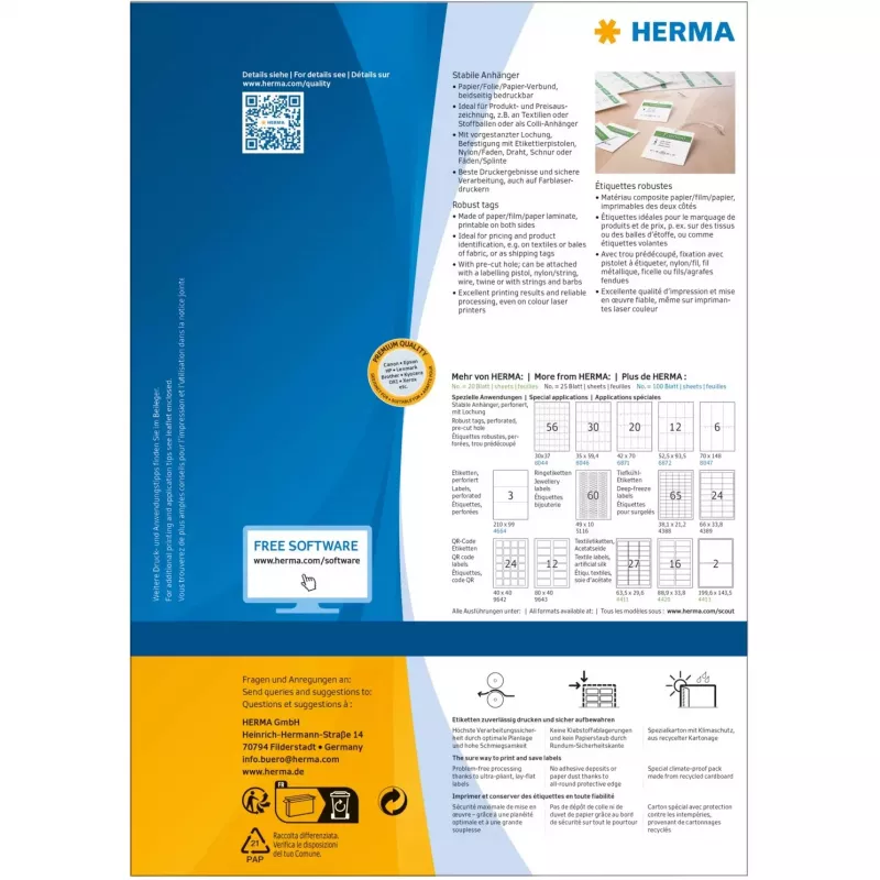 Etiquetas resistentes HERMA A4 52,5x93,5 mm blancas papel no adhesivo 1200 unidades