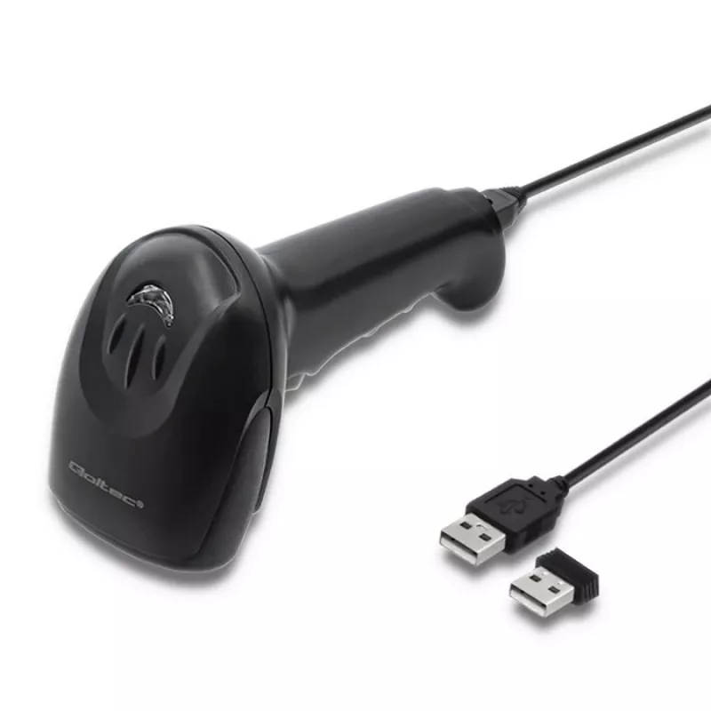 Lector de códigos de barras de mano QOLTEC 50868 — escáner láser 1D/2D, USB con cable e inalámbrico, distancia de trabajo 600 mm, negro