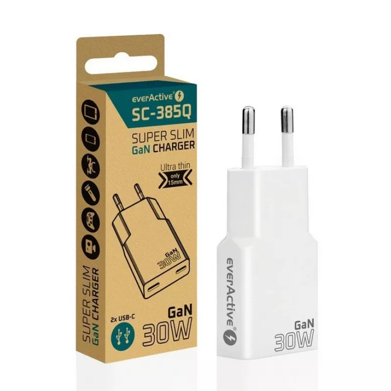 Fuente de alimentación everActive SC-385Q Super slim QC 4 Fast Charging — cargador USB de carga rápida, diseño compacto