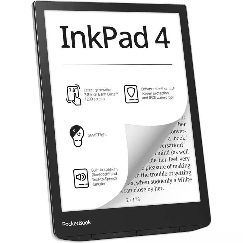 PocketBook InkPad 4 - 19,8 cm (7.8) - E Ink Carta - 1404 x 1872 Píxeles - ACSM - AZW - AZW3 - CBR - CBZ - CHM - DOC - DOCX - DjVu - EPUB - EPUB DRM - FB2 - FB2.ZIP - HTM - HTML - MOB