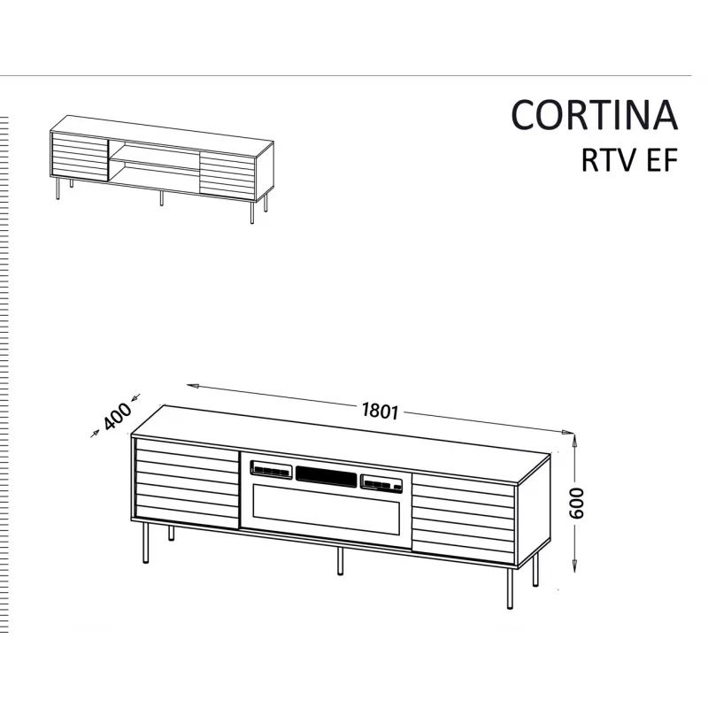 Mueble TV cama meble EF CORTINA 180×40×60 cm, parte superior negra, estructura nogal