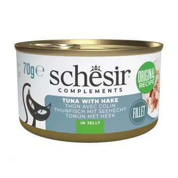 SCHESIR Complements atún con merluza en gelatina - Comida húmeda para gatos - 70 g