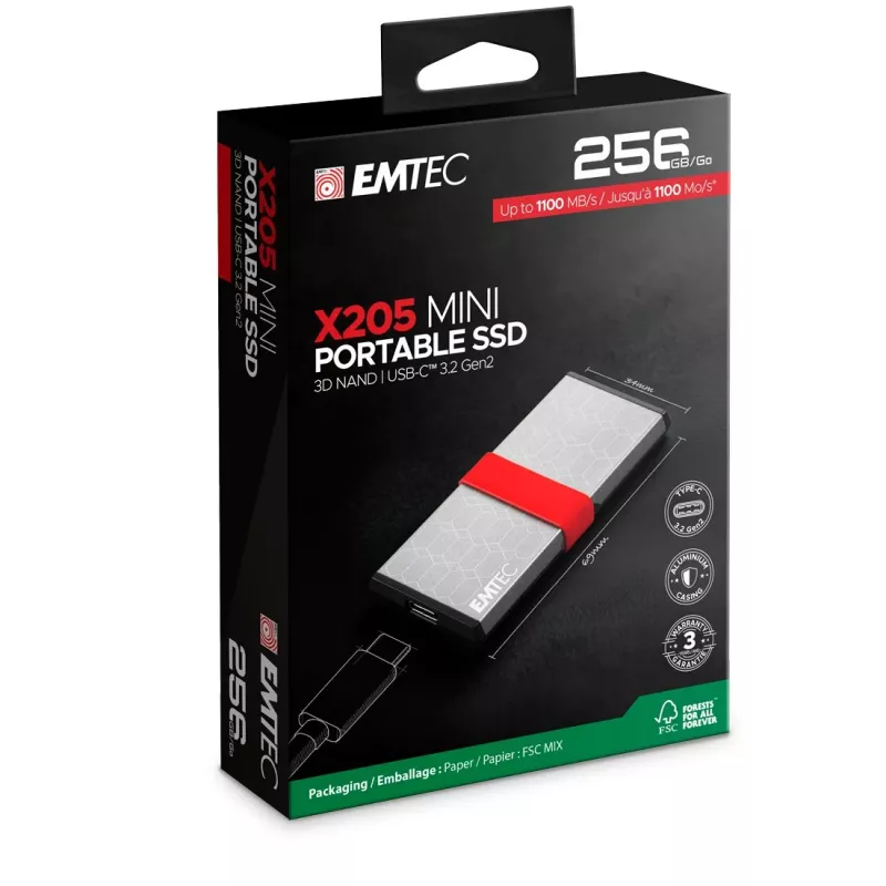 SSD Emtec 256GB Mini USB Type-C USB 3.2 Gen 2x2 Plata