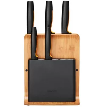 Bloque de cuchillos con ranuras Fiskars 1057552 — bloque de cuchillos rectangular de madera con 5 ranuras, acero inoxidable, longitud máx. de cuchillo 21,3 cm