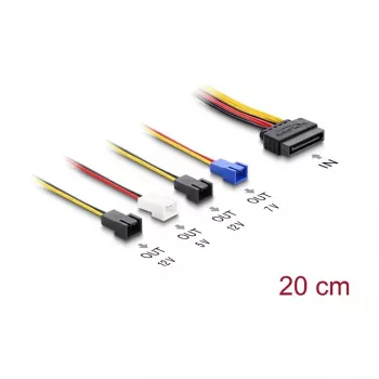 Cable de alimentación DELOCK SATA 15 pines a 4×2 pines ventilador (12 V / 7 V / 5 V), 20 cm