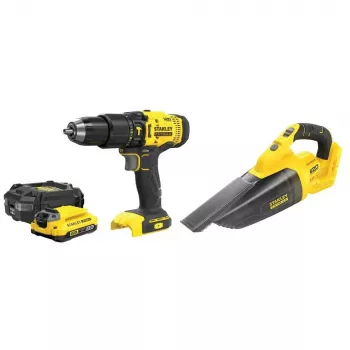 Set atornillador percutor a batería STANLEY SFMCK219D1-QW — 18V (20V tensión nominal) Li-Ion, batería de 2 Ah, atornillador DCD709, set de 6 piezas con cargador, maletín, luz LED
