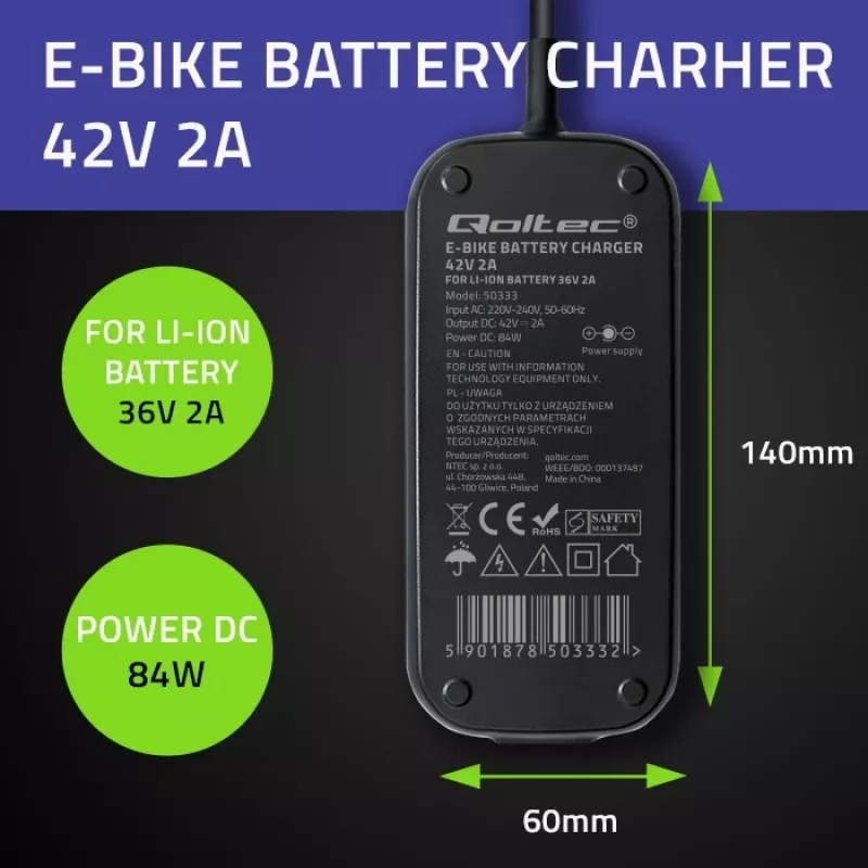Cargador rápido Qoltec para patinete eléctrico y e-bike de 36V | 42V | 2A | 5,5*2,5 | impermeable + cable de alimentación