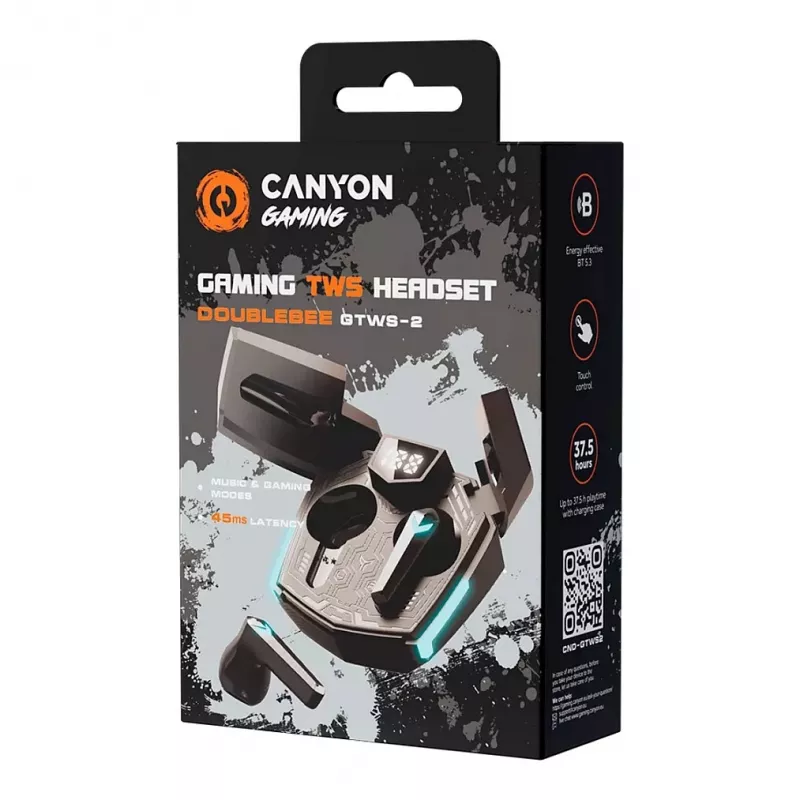 Auriculares Canyon GTWS-2 inalámbricos con gancho para el oído gaming USB Type-C Bluetooth base de carga negros (CND-GTWS2B)