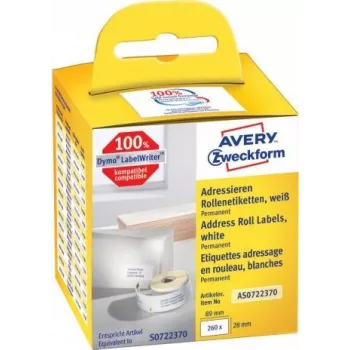 Avery Zweckform - Etiquetas de dirección rectangulares de papel autoadhesivas permanentes - blanco - 28 x 89 mm 260 etiqueta(s) (2 rollo(s) x 130) (AS0722370)