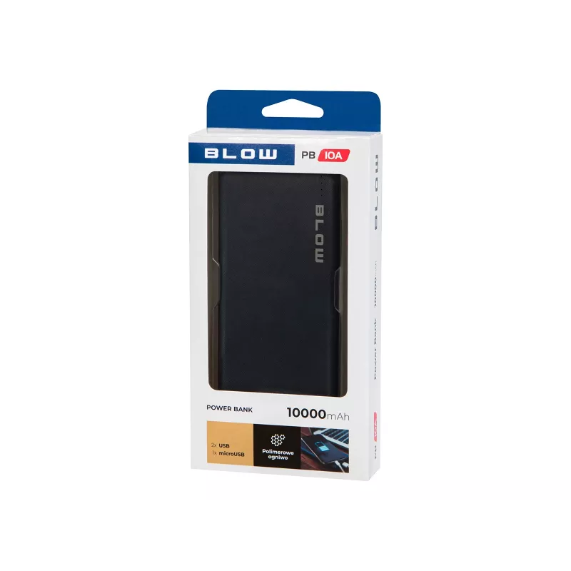 Powerbank portátil BLOW PB10A 10000mAh batería de polímero, 2 salidas USB-A, 22,5W de potencia total, entrada Micro-USB, negro