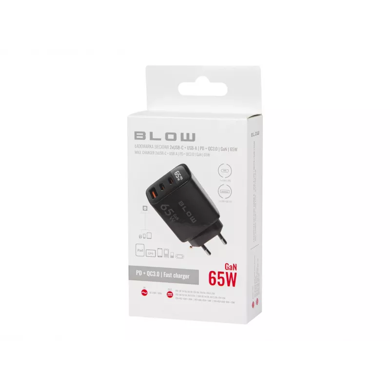 Cargador de pared LCD toma USB + USB-Cx2 PD 65W GAN negro vatímetro
