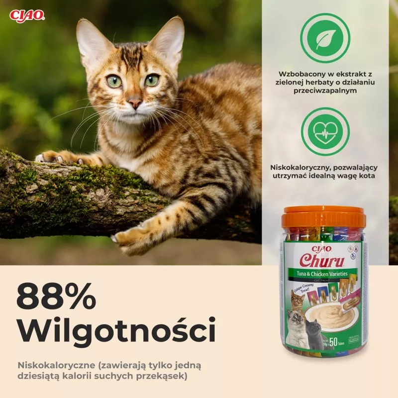 Snacks húmedos para gatos INABA Churu variedades — pollo y atún, 50 tubos de pasta de 14 g, sin cereales, sin gluten ni azúcar