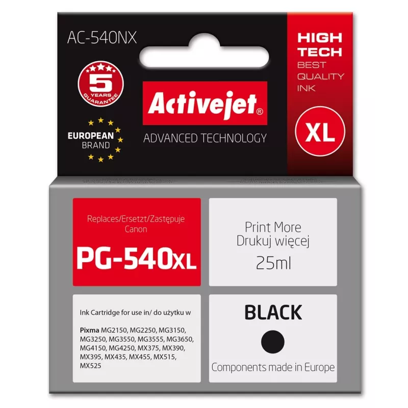 Activejet AC-540NX tinta para impresora Canon (sustituto de Canon PG-540XL) Supreme, 25 ml, negro