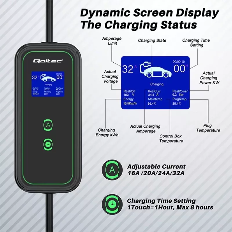 Cargador de coche EV móvil Qoltec ajustable 2en1 Type2 | 7kW | 230V | CEE 3 PIN | Wi-Fi | LCD | portátil | wallbox | 5m