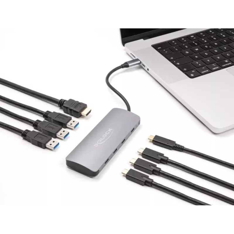 Hub USB-C DELOCK 64323 — host USB 3.2 Gen 2 Type-C, HDMI + 2× USB-A + 2× USB-C, 10 Gbit/s, gris
