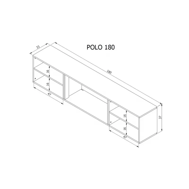 Mueble TV Cama Meble POLO 180x33x39 cm con chimenea eléctrica 1400–1600 W, negro, 2 baldas, laminado