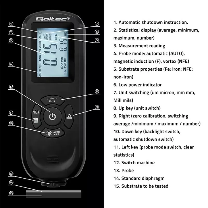 Medidor de espesor de capas QOLTEC 50646 LCD 0–2000 µm