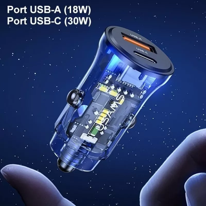 Cargador de coche usams CC164CC01 30W con 1×USB-A y 1×USB-C para carga rápida