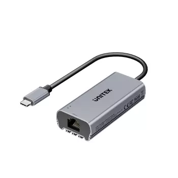 Adaptador USB-C a RJ45 Unitek U1343AGY01 — Ethernet 5 Gbit/s, USB-C (conector macho) a RJ45 (conector hembra), gris, cable 0,15 m