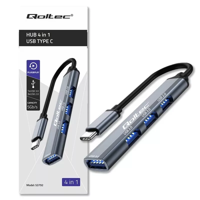 Hub USB QOLTEC 53792, USB-C 3.1 a 4 puertos (USB 3.0 x1, USB 2.0 x3)