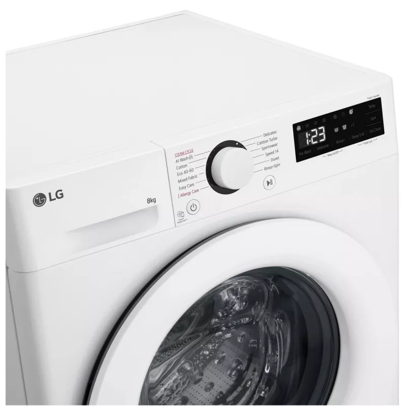 LG | Lavadora | F2WR508SWW | Clase de eficiencia energética A-10% | Carga frontal | Capacidad de lavado 8 kg | 1200 rpm | Profundidad 47,5 cm | Anchura 60 cm | Pantalla | LED | Función vapor