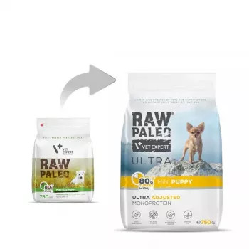 Comida seca para perros VETEXPERT Raw Paleo Ultra Mini Puppy pavo 750 g — pienso para cachorros de razas pequeñas, 30 % proteína, 14 % grasa