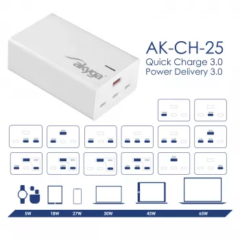 Akyga AK-CH-25 Cargador USB de sobremesa GaN 140 W, 3 x USB-C PD + USB-A, blanco
