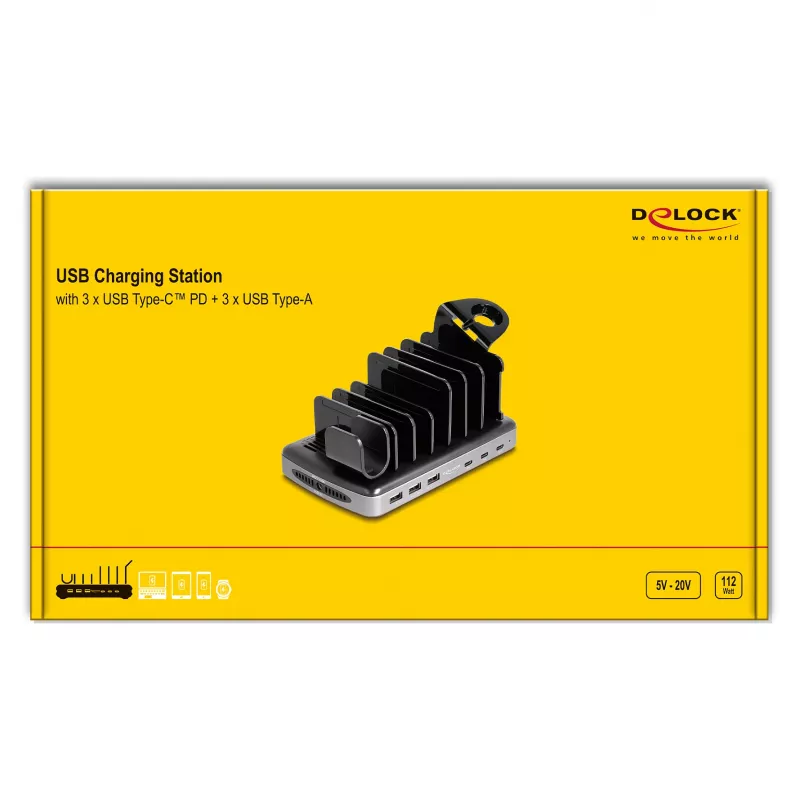 Estación de carga USB DeLOCK 3 x USB Type-C PD 3 x USB Type-A 112 W