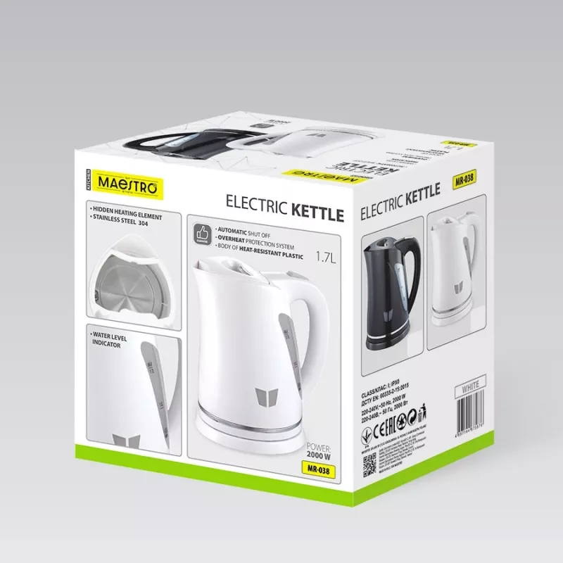 Hervidor de agua eléctrico Maestro MR-038-WHITE, 1,7 L, 2000 W, inalámbrico, apagado automático