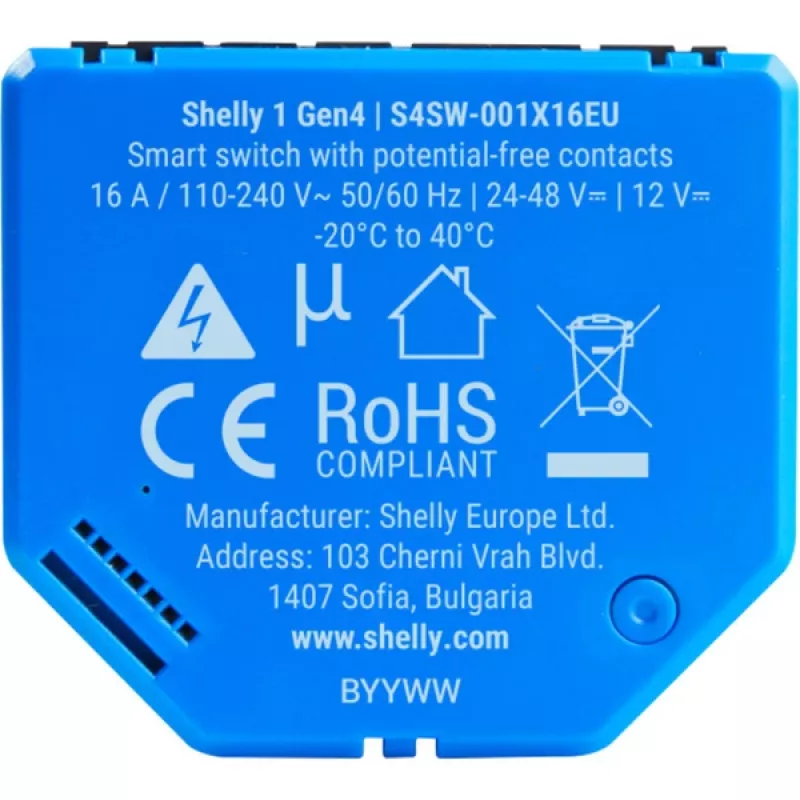 Interruptor inteligente Shelly 1 Gen4, inalámbrico, 240 V AC, Bluetooth 5.0/Wi‑Fi/ZigBee, carcasa de plástico, 42×16×37 mm, pack de 2