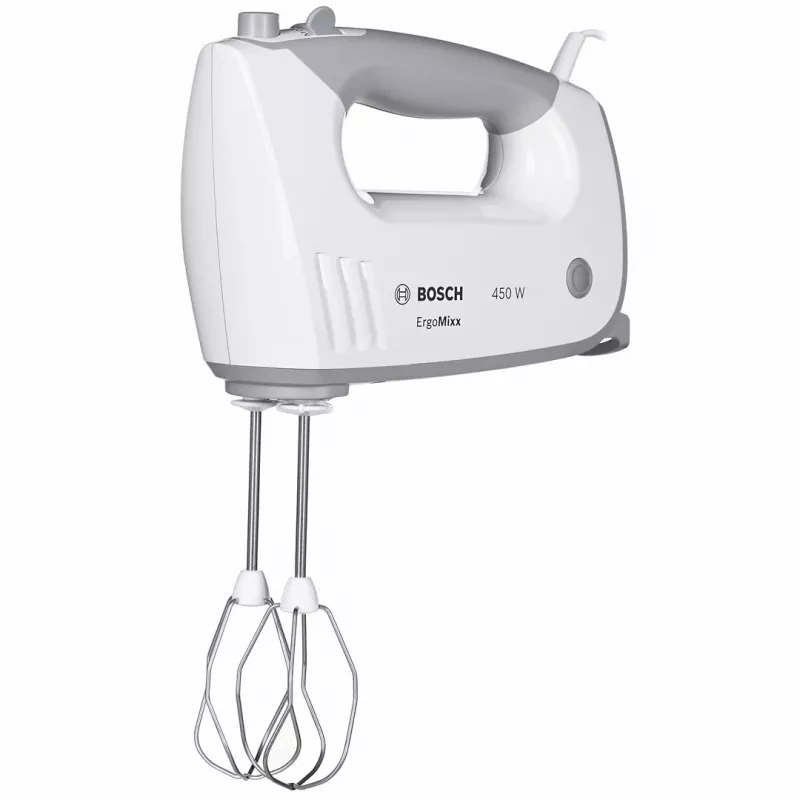 Batidora de mano Bosch MFQ36480 – 450 W, 5 velocidades con turbo, gris/blanco, varillas y ganchos amasadores