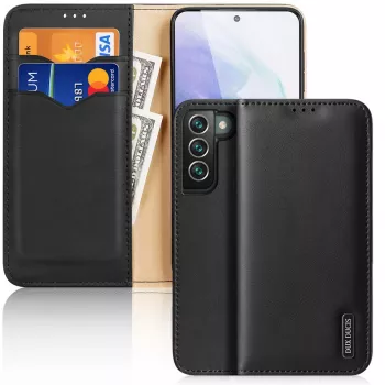 Funda de cuero Dux Ducis Hivo con solapa, cartera de cuero natural para tarjetas y documentos, Samsung Galaxy S22+ (S22 Plus), negra