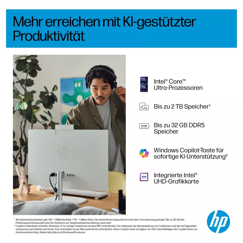 HP AI 27-cr2275ng - All-in-One (solución completa) - Core Ultra 7 255U - RAM 16 GB - SSD 512 GB - NVMe - Intel Graphics - 1GbE, Bluetooth 5.3, Wi-Fi 6 - WLAN: 802.11a/b/g/n/ac/ax