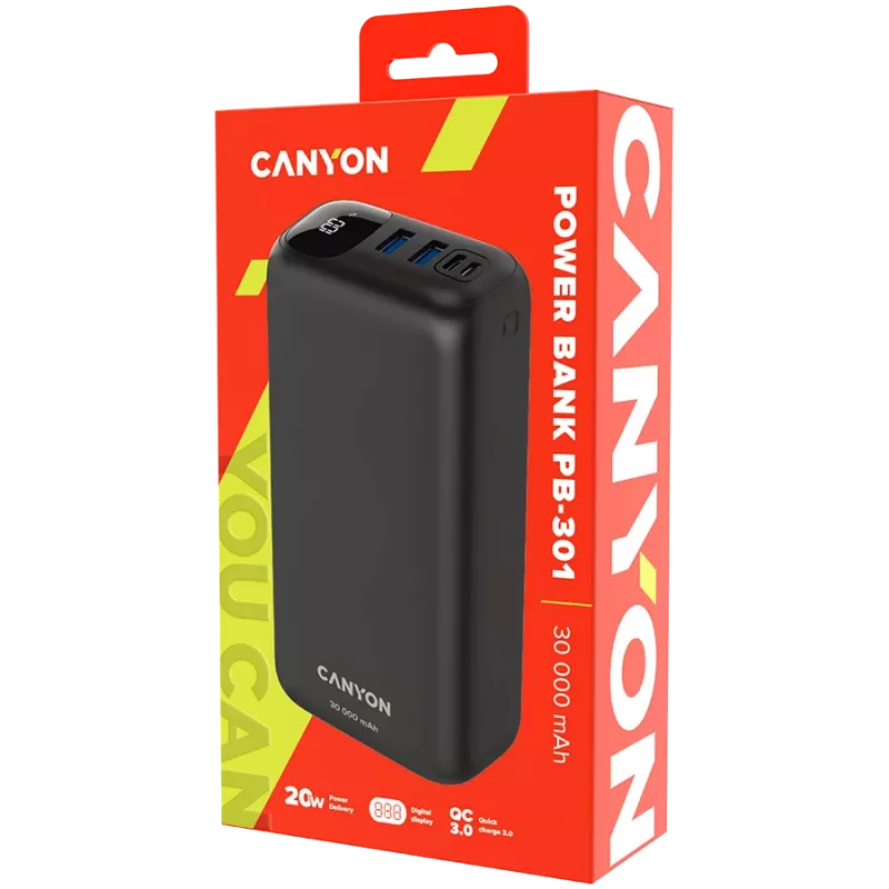 Canyon Batería externa PB-301 30000 mAh PD/QC/Pantalla negra venta al por menor