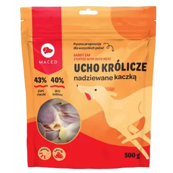 Tiras masticables para higiene dental MACED Pato con oreja de conejo 500 g — snack masticable natural de larga duración, proteína 50 %, apto para todas las razas