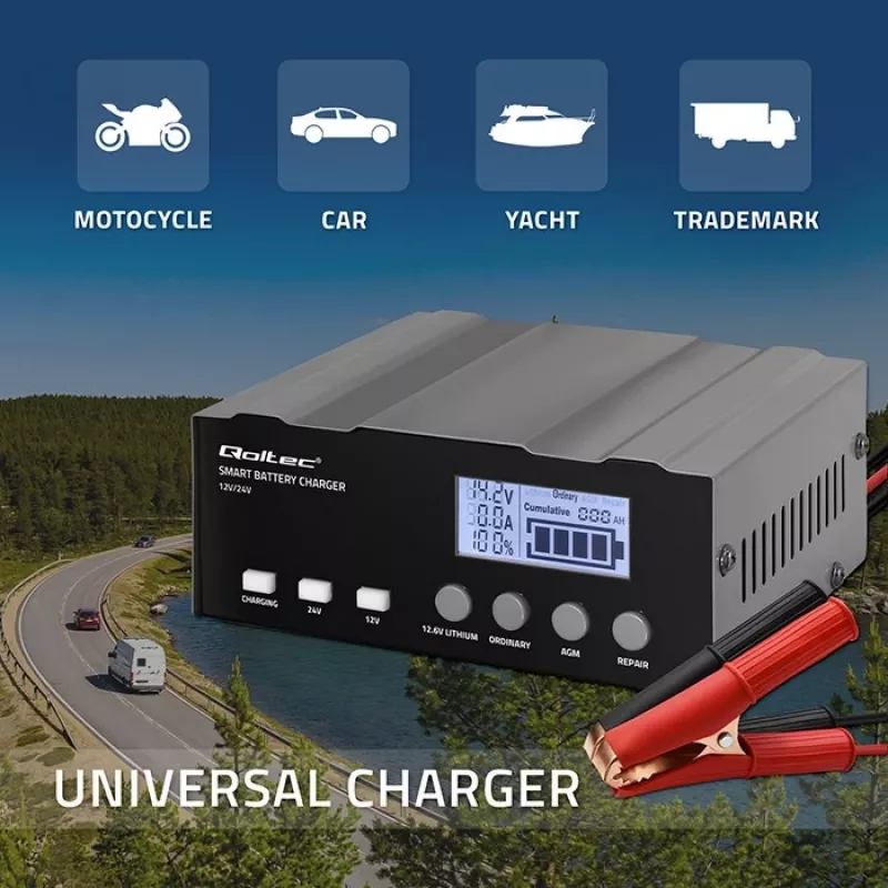 Cargador de baterías QOLTEC 52491 microprocesador 12V/12,6V/24V con LCD