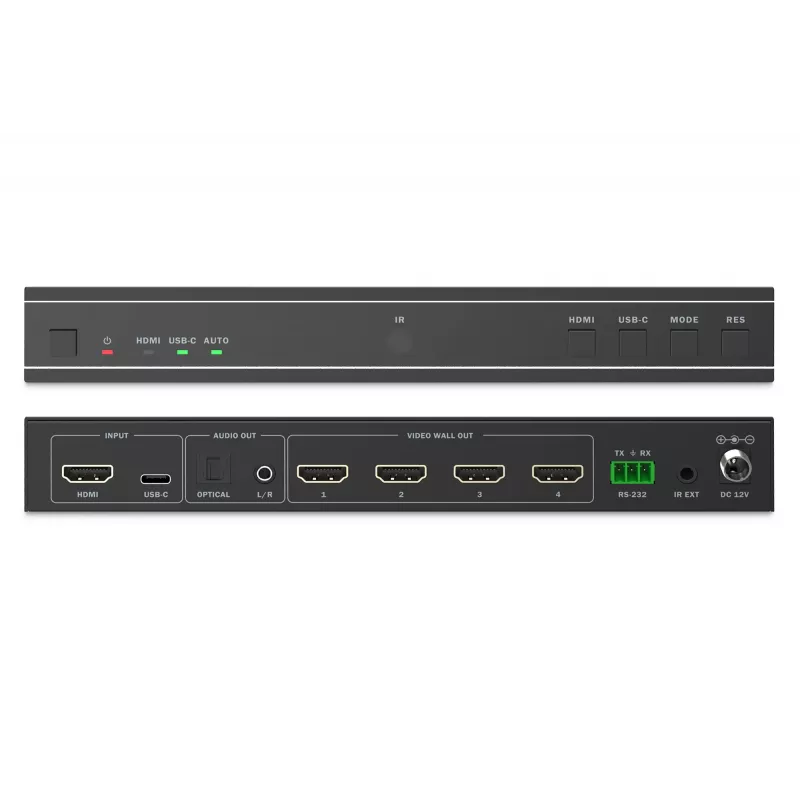 DIGITUS DS-55358 controlador de videowall HDMI, 4 pantallas, salida 4K/30Hz, entrada 4K/60Hz mediante HDMI 2.0 / USB-C (DP 1.2a), RS232, mando a distancia, negro