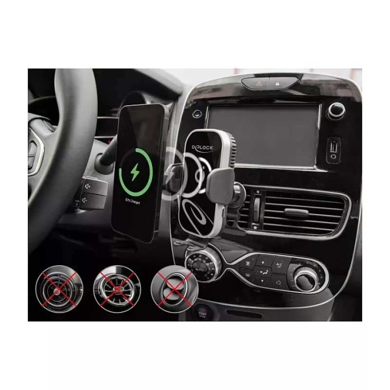 Soporte activo para coche DELOCK 66939 para teléfonos móviles — soporte con ventosa, negro/gris, compatible con carga inalámbrica