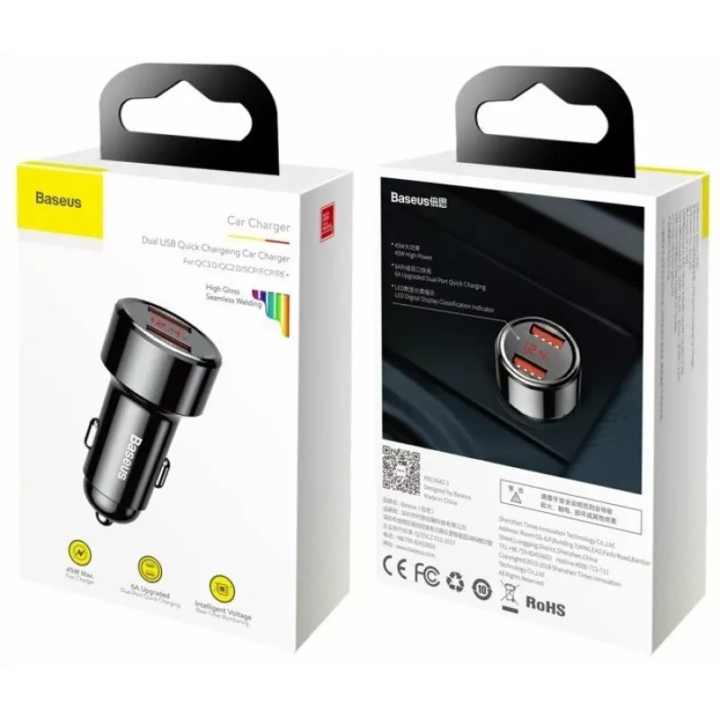 Baseus Magic CCMLC20A-01 cargador de coche, 2x USB-A QC 3.0, 45 W, 6 A, pantalla de voltaje, negro