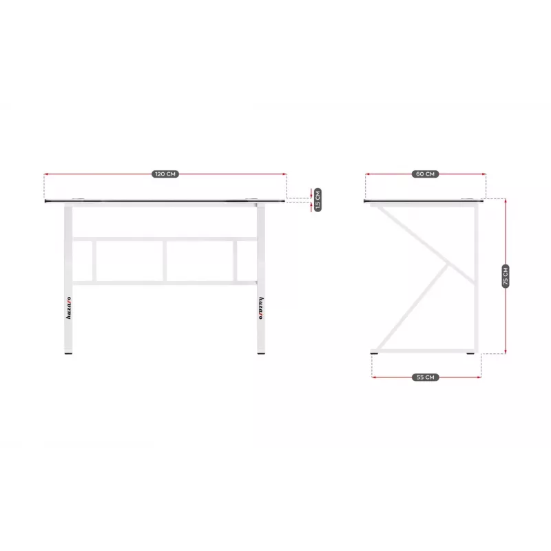 Mesa gaming Huzaro Hero 1.6 blanca — tablero recto MDF/carbono 1200×600 mm, estructura metálica, 750 mm de altura