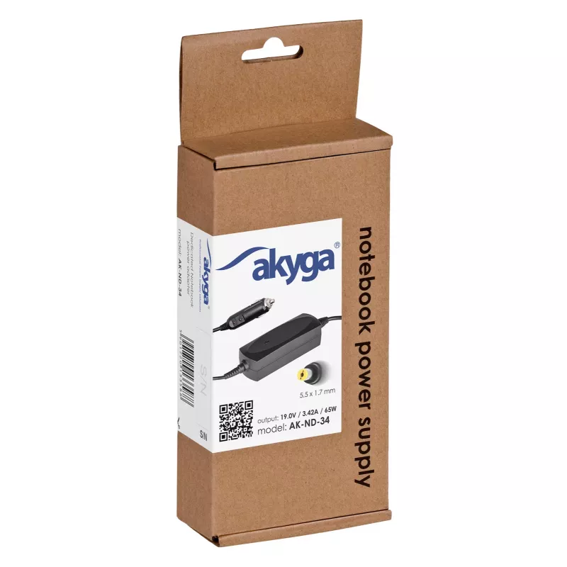 Akyga AK-ND-34 fuente de alimentación para portátil de coche para Acer, 65 W, 19 V / 3,42 A, 5,5 x 1,7 mm, entrada 12 V
