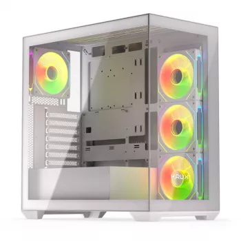 Caja de PC KRUX Exo RGB blanca — torre ATX, acero, 2 bahías de 3,5 pulgadas + 2 de 2,5 pulgadas, USB-C, RGB