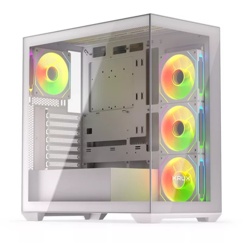 Caja de PC KRUX Exo Midi Tower, ATX/micro-ATX/mini-ITX, 2x cristal templado, USB-C, 4 ventiladores de 120 mm, 2 bahías de 3,5 pulgadas + 2 de 2,5 pulgadas, GPU hasta 40,5 cm, blanca