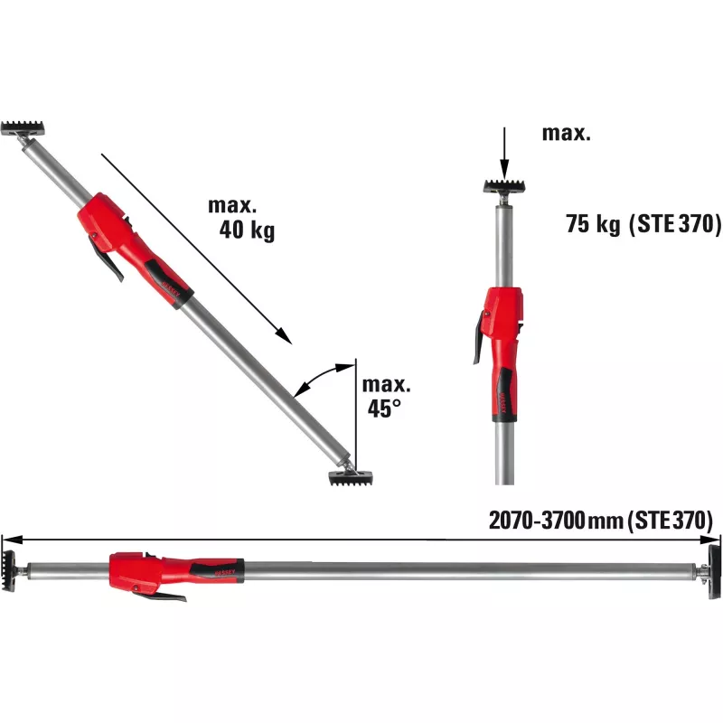 Bessey STE370 Puntal de techo y montaje, plata/rojo, 2070-3700 mm, con mango de bombeo