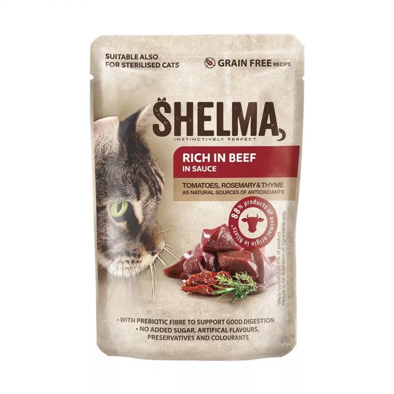 Comida húmeda para gatos SHELMA sobres con salmón, bacalao, pollo y ternera en salsa 12×85 g, gatos adultos, alimento completo