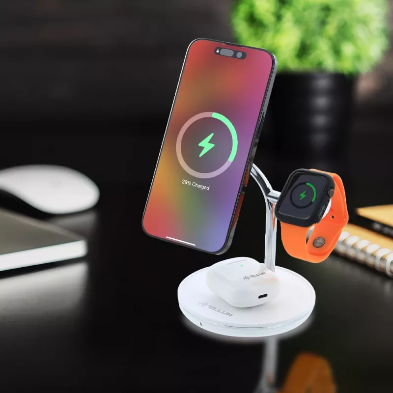 Cargador de sobremesa inalámbrico Tellur TLL151391 3en1 MagSafe carga rápida para smartphone, reloj y auriculares