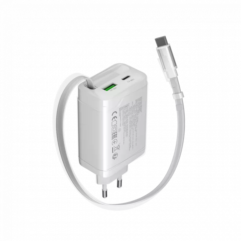 Cargador CANYON OnCharge 65RC con cable USB-C integrado 65W, 1x PD, 1x QC, enchufe EU, blanco