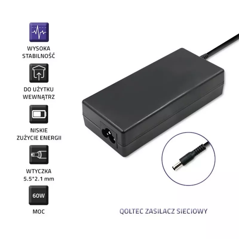 Qoltec 50797 fuente de alimentación de sobremesa 60 W, 12 V, 5 A, 5,5x2,1 mm, con cable de alimentación