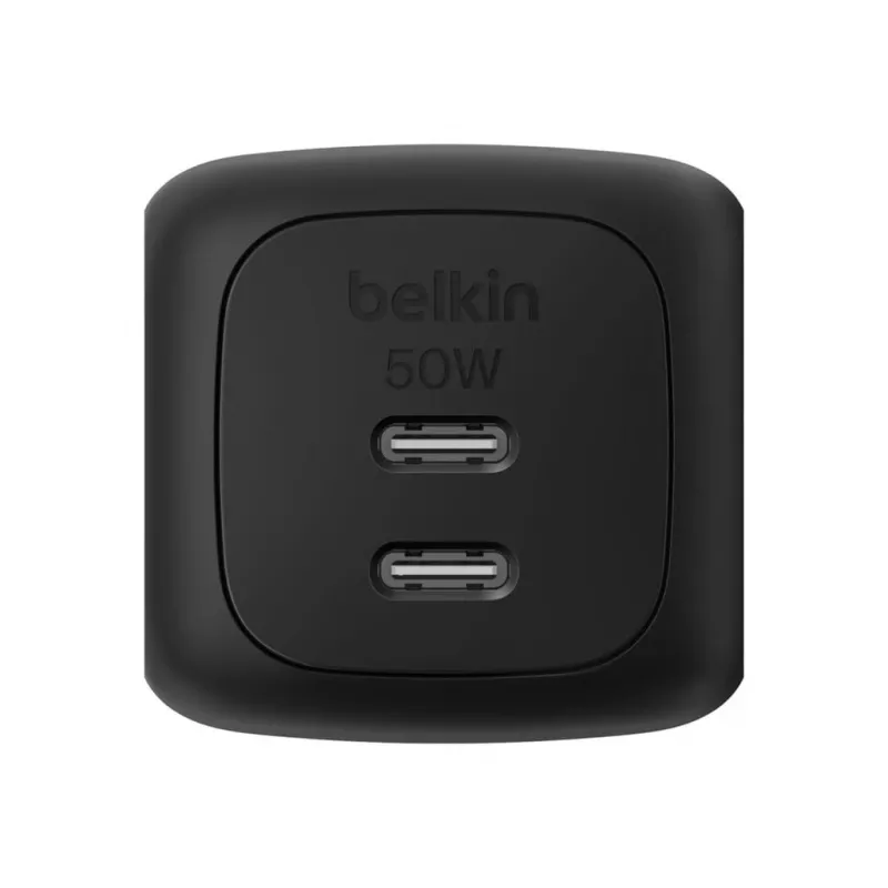 Cargador rápido AC de interior Belkin WCH019kqBK — 2× USB‑C, negro, protección OVP/OC/OT/SC