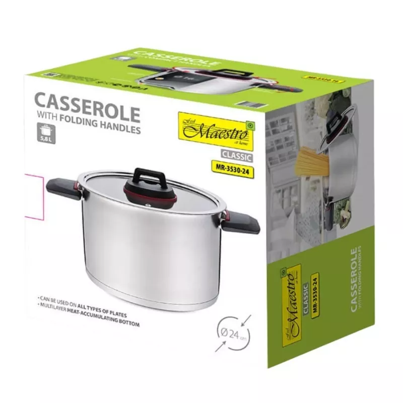 Olla Maestro MR-3530-24 acero inoxidable 24 cm, 5,5 L, asas abatibles, tapa de cristal